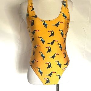 Forever 21 One-Piece Tank‎ Bathing Suit Gold Yellow Birds Toucans Size Small